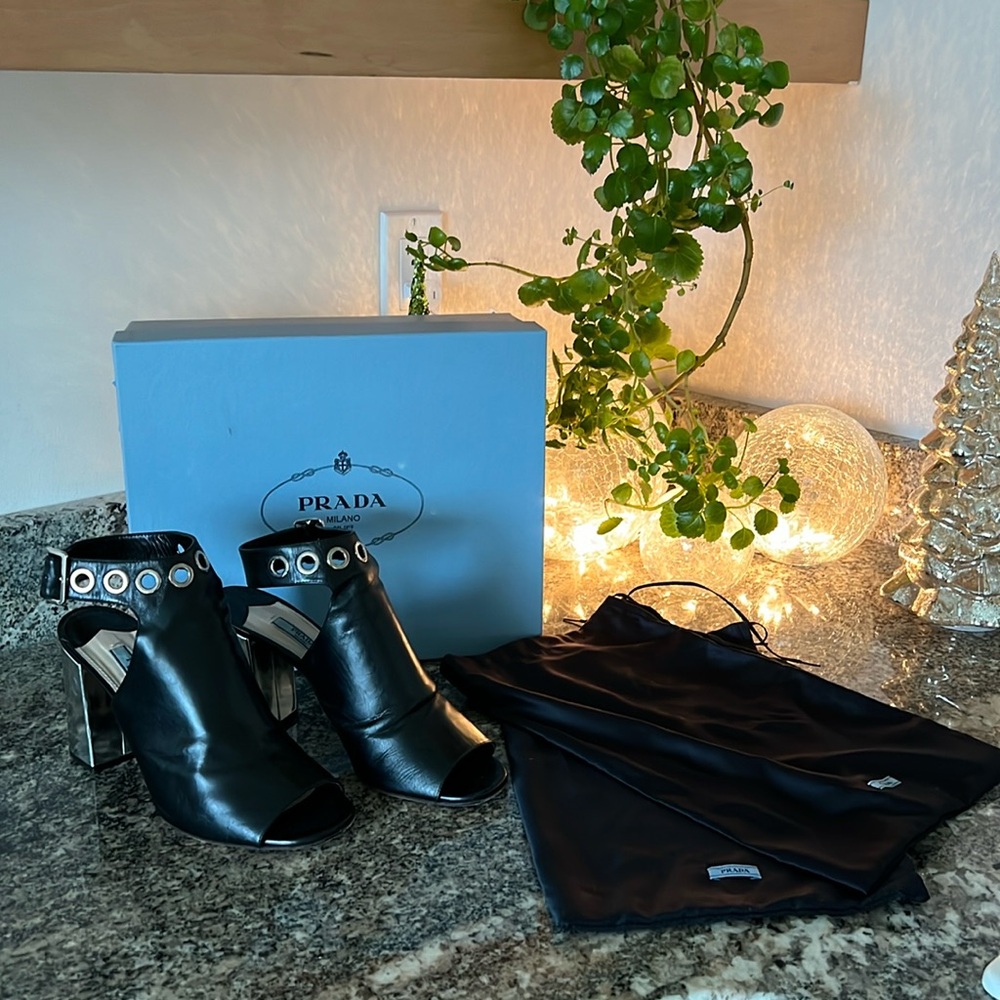 Prada Black Leather Silver Heels
